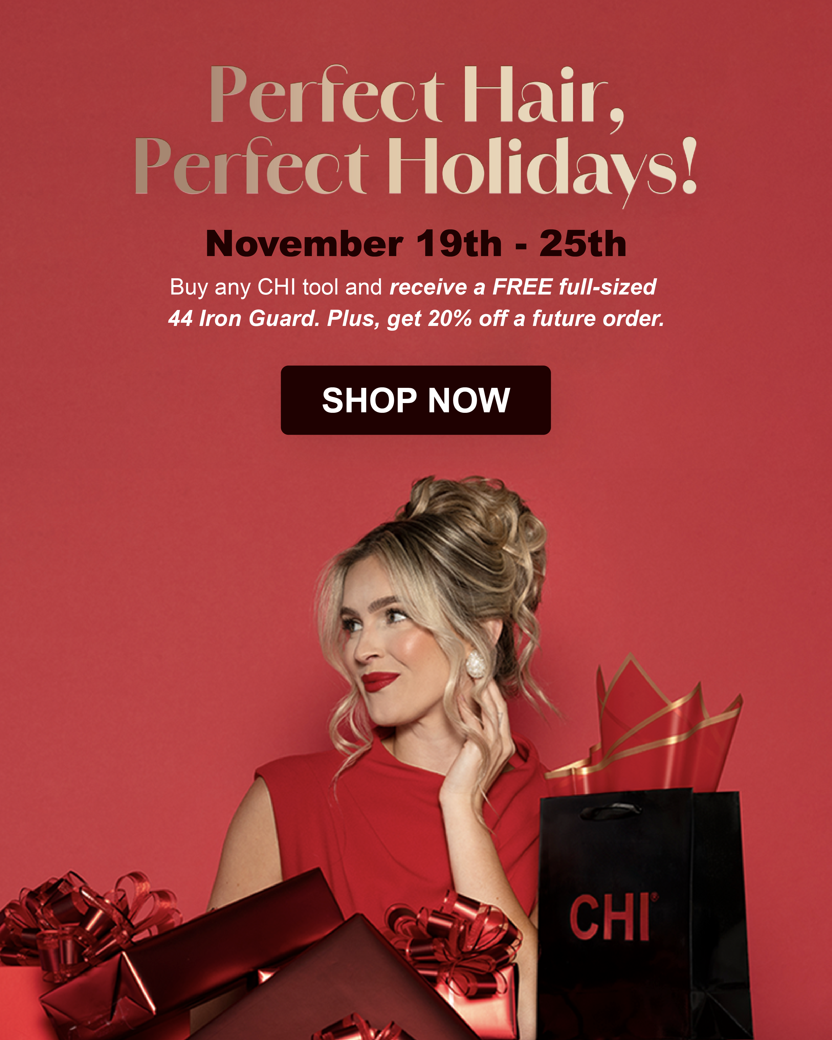 Large banner reads "Perfect Hair, Perfect Holidays!" in large letters. The promotion says "Buy any CHI tool and receive a free full-sized 44 Iron Guard".